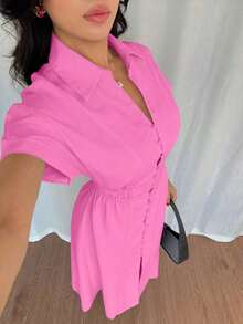 Vestido camisero casual de mujer con botones delanteros, mangas raglán y cintura ajustada - Rosa Fucsia - Ver 6
