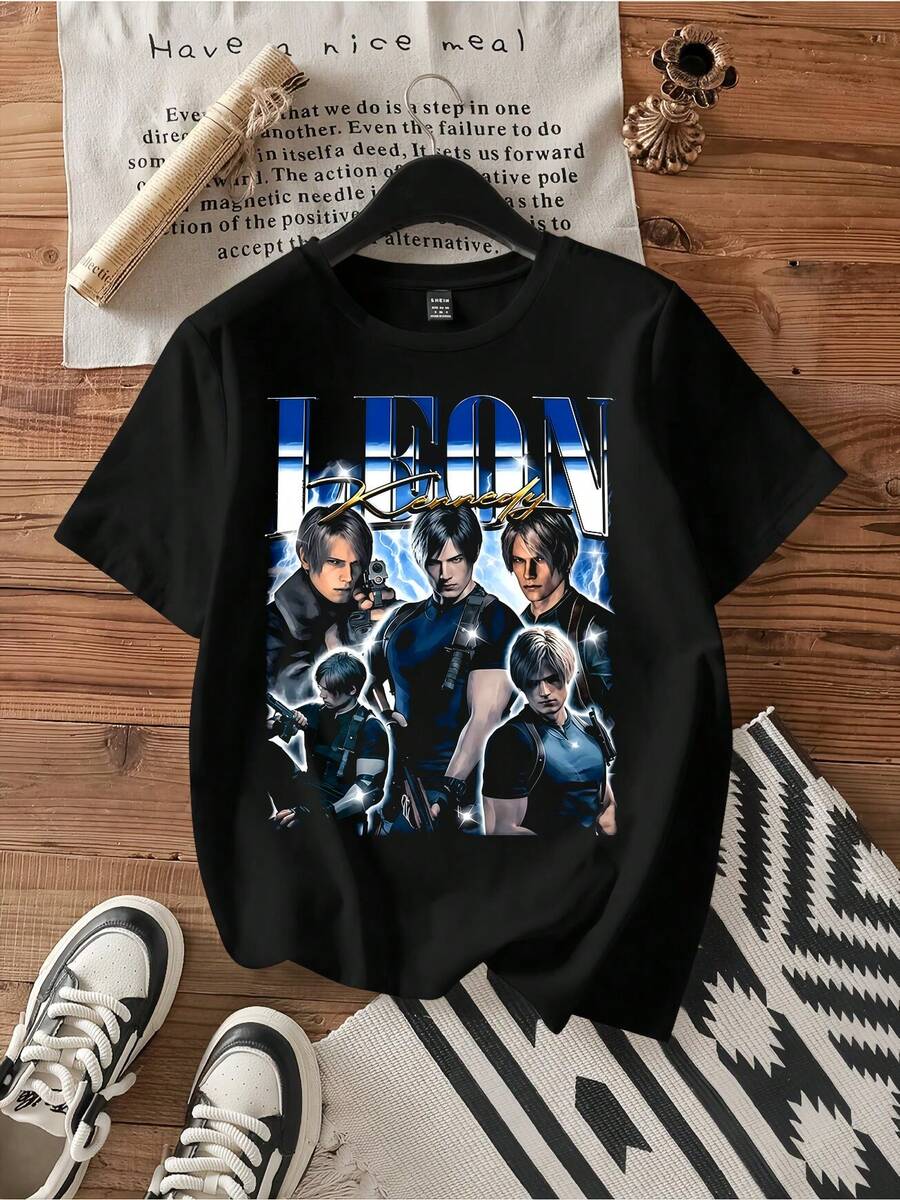 Leon Kennedy Thunder Collage Tee.Vintage Graphic Print Casual Cotton Short Sleeve T-Shirt - Black - View 1