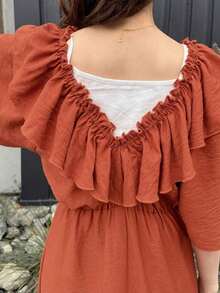Vestido con cuello de volantes, decoración en la cintura y dobladillo acampanado, vestido de verano de unicolor para mujer, estilo vacacional - Naranja - Ver 7