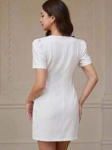 Vestido de manga larga de unicolor con bolsillo plisado, diseño de moda casual - Blanco - Ver 6