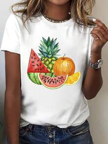 Summer Outfit For Women: Women's Pineapple Watercolor Fruit Slice Print T-Shirt - Short-Sleeved, Round-Neck Summer Top, Featuring Pineapple And Citr - White - View 1