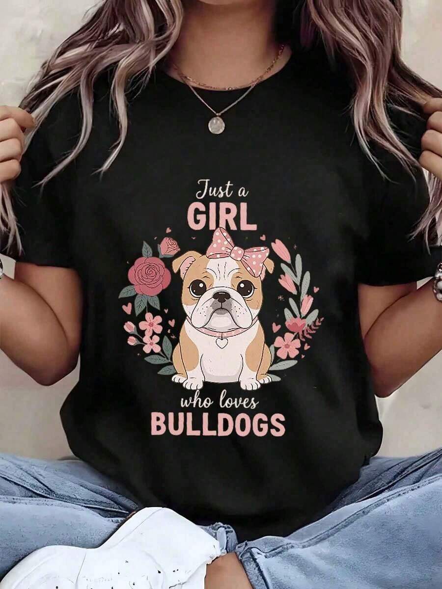 1 Piece Women's T-Shirt With Floral Design And Text "Only A Girl Who Loves Them", Round Neck, Regular Fit, Casual T-Shirt For Everyday Wear, Gift Idea, 180g 100% Cotton - 黑色 - 查看 1