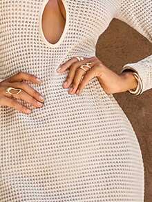 xheOpulessa 1 pieza Vestido de fiesta formal de punto de un solo color con cuello en V y manga larga con cola de pez para mujer, para vacaciones en otoño e invierno, boda, fiesta de cócteles y navidadxhe - Albaricoque - Ver 6