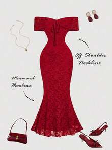 xheSHEIN MOD Elegante vestido de fiesta de cola de sirena en color burdeos con textura y hombros descubiertosxhe - Rojo - Ver 2