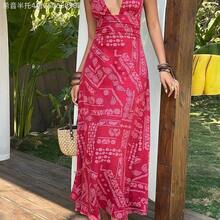 Fengyu Women's Clothing Store  Vestido vintage de ajuste ceñido con escote en V profundo, espalda descubierta y cintura con lazo, con estampado de flores de anacardo rojo, adecuado para vacaciones en la playa - Azul marino - Ver 4