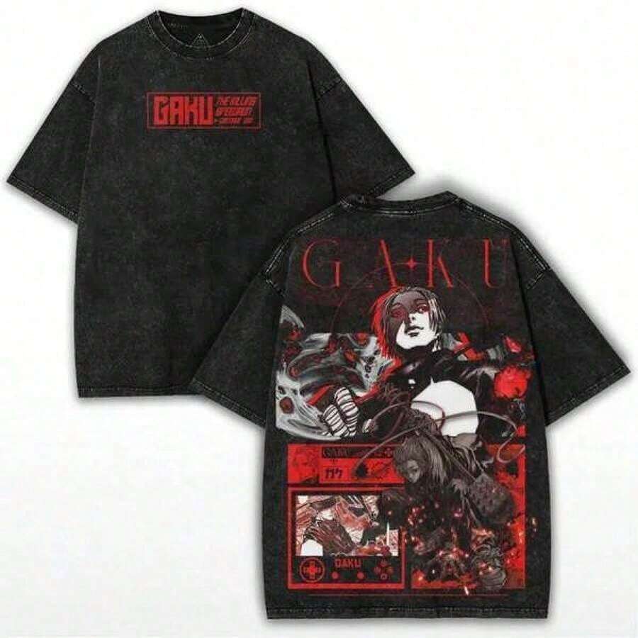 2K Sakamoto Gaku x Camiseta de Algodón Puro de Alto Gramaje con Aspecto Vintage Desgastado, Corte Holgado, Tallas Grandes, Estampado de Asesino de Anime, Alta Calidad, Agradable al Tacto, Estilo Clásico Básico Old School - Negro - Ver 1