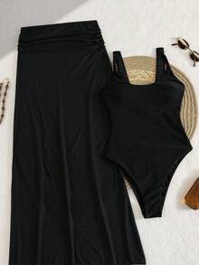 Bonvoyette Conjunto de traje de baño de 2 piezas con un bañador de un solo color con tirantes retorcidos y una falda plisada de gasa para vacaciones de primavera/verano - Negro - Ver 3