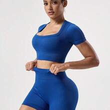 Nana's Women's Clothing Store  Sovereign Charm 2 piezas Conjunto + Ajuste regular + Tela que absorbe la humedad/Acanalado + Cuello cuadrado/Básico/Azul marino + Conjunto de ropa deportiva + Sin costuras/Ropa de yoga y fitness Pantalones cortos de ciclismo sin costuras Ropa deportiva para mujer Conjuntos de ropa de entrenamiento para mujer Ropa de entrenamiento para mujer Conjuntos - Azul cielo - Ver 4