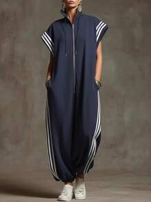 Striped Jumpsuit With High Neck And Zipper, Color-Blocked Design - Dark Blue - View 5