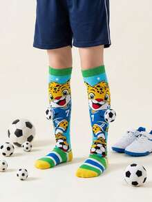 1 Pair Kids Calf Socks With Cartoon Leopard & 3D Football Decor, Casual Sports Socks For Daily, Holiday Wear, Suitable For Children Aged 3-12, All Season Gift - Baby Blue - View 5