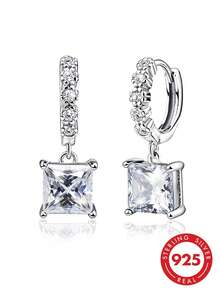 Bông tai dạng vòng vuông bằng bạc Sterling 925 không gây dị ứng, đính đá Cubic Zirconia, thiết kế tối giản tinh tế, thích hợp đeo hàng ngày, quà tặng sinh nhật. - Bạc - Xem 1