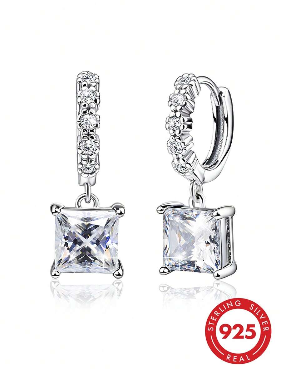 Bông tai dạng vòng vuông bằng bạc Sterling 925 không gây dị ứng, đính đá Cubic Zirconia, thiết kế tối giản tinh tế, thích hợp đeo hàng ngày, quà tặng sinh nhật. - Bạc - Xem 1