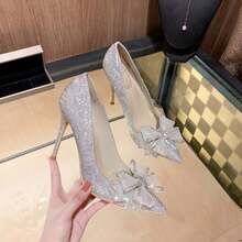 High Heels For Slim, Pointed-Toe Women, Sexy Gold Wedding Shoes, Bridesmaid Shoes, French Girls, Silver Bow Shoes, Women's High Heels - 銀色 - 查看 5