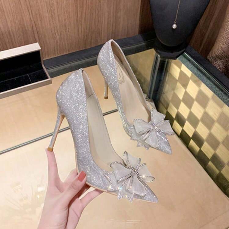 High Heels For Slim, Pointed-Toe Women, Sexy Gold Wedding Shoes, Bridesmaid Shoes, French Girls, Silver Bow Shoes, Women's High Heels - Bạc - Xem 5