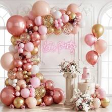 115pcs Rose Gold And Pink Balloon Wreath Set Featuring Pale Pink Balloons With A Golden Metallic Finish, Nude White Balloons, And Rose Gold Sequined Balloons. Ideal For Bridal Gift Ceremonies, Weddings, Women's Birthdays, Princess Parties, New Year Celebrations, And Valentine's Day Decorations. - Multicolor - View 2