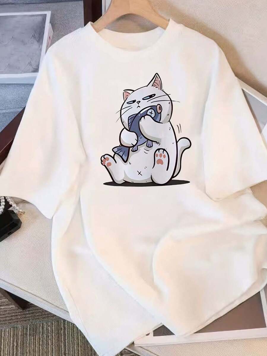 Fashionable Short-Sleeved T-Shirt For Ladies, Cute Little Bear Cool GIRL Letter Print Casual Loose-Fitting Women's 100% Pure Cotton Top, Women's Clothing - White - View 1