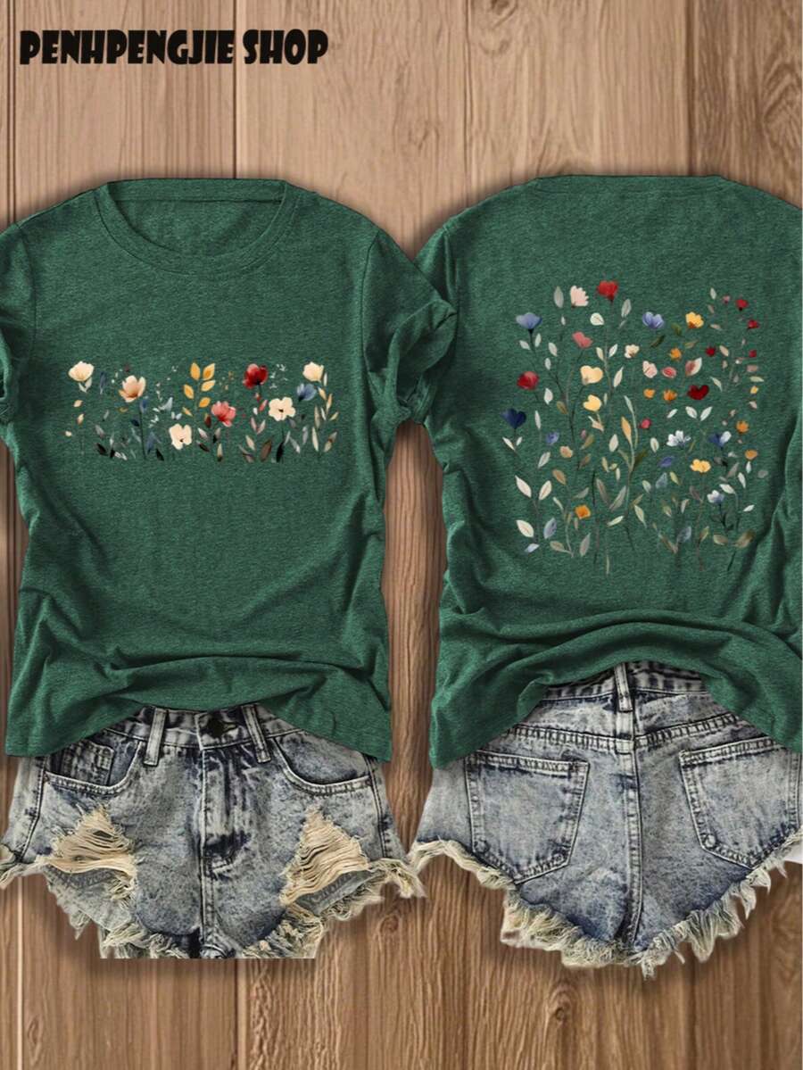 Vintage "It Is Well With My Soul" Wildflower Beach Front Back T-Shirt | Summer Tops For Women, On Everything, Casual Double Sided Graphic Tee - 綠色 - 查看 1