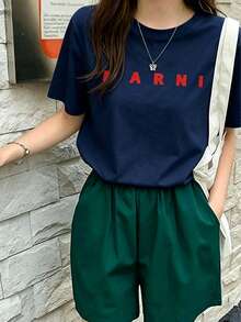 Summer Casual Letter Print Oversized T-Shirt, Crew Neck Short Sleeve, Loose-Fitting Streetwear Top For Women - Màu xanh hải quân - Xem 1