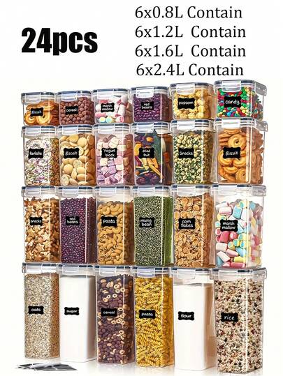 48pcs Closed Food Storage Containers With LIDS, Plastic Kitchen Pantry Organization And Storage, Dry Cargo Containers For Cookies, Grains, Pasta, Flour, Sugar, Labels, Markers, Dishwasher, Plastic Food Storage Containers