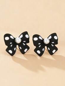 Eterna Glow 1pair Chic Polka Dot Bow Earrings With Faux Pearl Accent Elegant Alloy Ear Studs For Every Season Versatile Daily Wear Fashion Jewelry For Women - Earrings - View 11