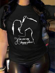 Women's 180g Cotton Equestrian-Themed T-Shirt - "You Are My Happy Place" Design For Horse Lovers, Lightweight, Short-Sleeved, Crew Neck, Machine Washable, Casual Top For Spring, Summer, And Autumn. Comfortable And Versatile, Suitable For All Seasons. Can Be Worn As A Base Layer In Spring And Autumn Or On Its Own In Summer. Unisex Style,  City Boy-Style Thick Cotton Top. - 黑色 - 查看 12