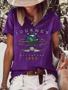 Women's Vintage Printed T-Shirt 'Journey Departure' From 1980, Casual Short Sleeve Fashion, Summer 2026, Comfortable Fit, Round Neck - 紫色 - 查看 6