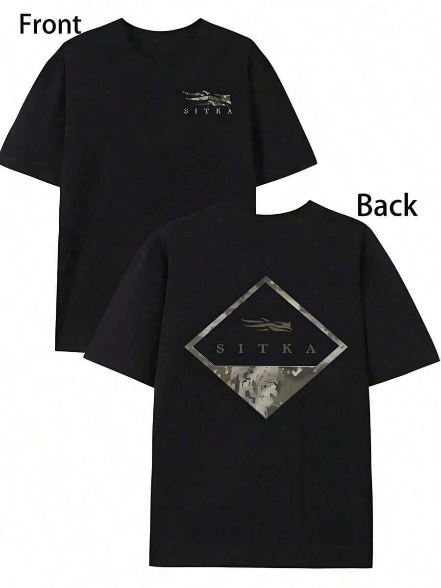 Short-Sleeved T-Shirt With Double-Sided Digital Print, "Sitka" Brand And Camouflage Graphic Design, Black, 1 Piece, Casual, Soft, 100% Cotton, Unisex, Y2K Style Sportswear, Round Neck, 100% Cotton, Soft Fabric, Short Sleeve. - 黑色 - 查看 1