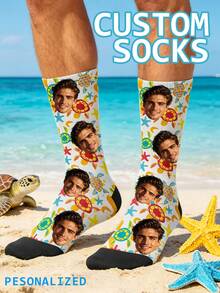 1 Pair Of Custom Socks, Custom Face Socks,A Loving Family ,Beach,Custom Photo Socks, Funny Socks, Fall/Spring/Summer Gift, Holiday Gift - Multicolor - View 4