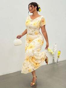 Vestido de manga corta con estampado floral de talla grande - Multicolor - Ver 9