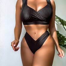 New Sexy High-Waisted Bikini Style With Wide Straps And Sleeveless Top Design In Solid Color CX008 - Black - View 2