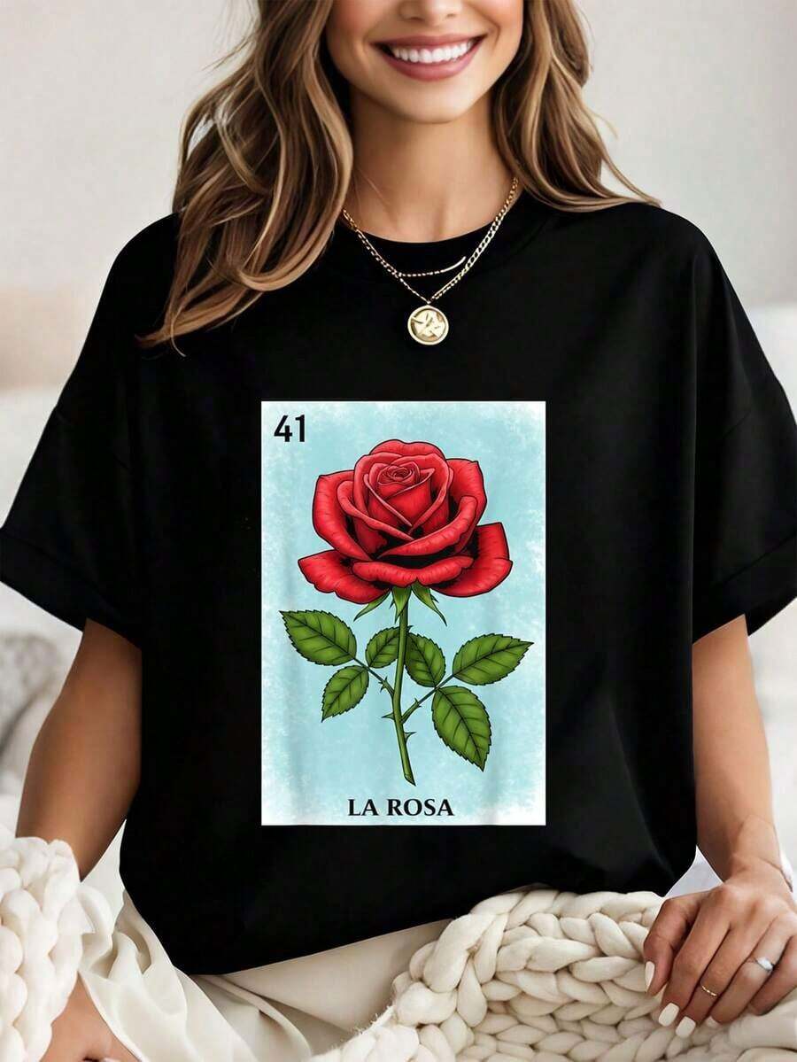 La Rosa Card Mexican Lottery T-Shirt For Men, Women, And Children; Graphic T-Shirts, Crop Tops, Sets, Art T-Shirts, Women's Sportswear, Casual Blouses For Ladies - 黑色 - 查看 1