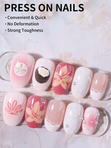 24片椭圆形3D美甲贴纸，适用于亚克力指甲，可打造花朵和柠檬图案，包含1卷双面胶带和1把指甲锉 - 彩色 - 查看 3