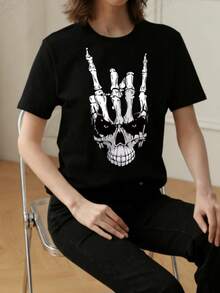 Women's Clothing 180g Made In Mexico, Spring/Summer 2026 Fashion Short Sleeve T-Shirt, Cartoon Print, Couple Style, Underwear/Outerwear, Casual Round Neck For Office, Unisex One Piece Top Women's Shirts - 黑色 - 查看 2