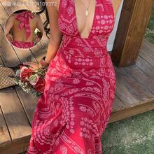 Soqi Women's Clothing  Vestido vintage de ajuste ceñido con escote en V profundo, espalda descubierta y cintura con lazo, con estampado de flores de anacardo rojo, adecuado para vacaciones en la playa - Negro - Ver 2