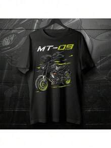 Men's MT-09 Motorcycle Graphic T-Shirt - 100% Cotton, Casual Sports T-Shirt With Neon Green And Orange Print, Regular Fit Short Sleeve, Washable, Sizes S-3XL, Daily Outdoor Wear, Sporty Design, Comfortable Fit T-Shirt - 黑色 - 查看 1