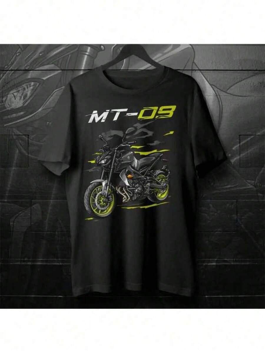 Men's MT-09 Motorcycle Graphic T-Shirt - 100% Cotton, Casual Sports T-Shirt With Neon Green And Orange Print, Regular Fit Short Sleeve, Washable, Sizes S-3XL, Daily Outdoor Wear, Sporty Design, Comfortable Fit T-Shirt - 黑色 - 查看 1