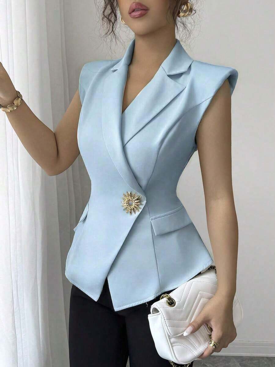 AYYElenzga Chaleco/Chaqueta sin mangas de mujer con hebilla metálica elegante y minimalistaAYY - Agua verde azul - Ver 1