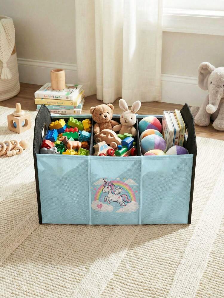 1pc Compartment Storage Box, Laundry Basket, Large Capacity Foldable With Cartoon Horse & Fish Tail Print Pattern, Multipurpose Storage Box For Nursery, Bedroom, Baby Clothes, Under Bed, Baby Toys - Multicolor - View 12