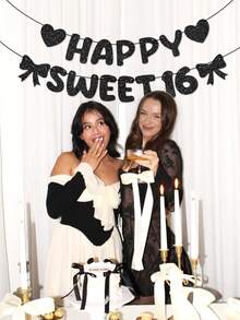 1个黑色闪光心形蝴蝶结“Happy Sweet 16”生日横幅，适用于16岁生日派对装饰 - 黑色 - 查看 2