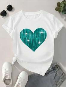 Sparkly Green Heart Graphic T-Shirt, Soft Cotton, Loose Fit, Hip Hop Street Style, Comfortable, Art Print, New Release - White - View 2