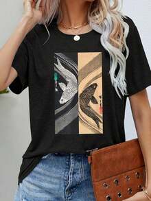 Women's Casual T-Shirt, Fashionable Printed Design With Round Neck, Artistic Koi Fish Print, Machine Washable, Comfortable And Breathable, Sizes S-3XL, A Perfect Gift For Birthdays And Other Occasions, 100% Cotton, Durable - 黑色 - 查看 1