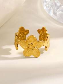 1pc 18K Gold Plated Stainless Steel Minimalist Floral Ring, Fashionable For Daily Wear And Parties - Multicolor - View 5