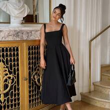2026 Spring Summer New Women Elegant Solid Square Neck Sleeveless Waist Cinching Strap Dress Casual Bodycon Midi  Beach Vacation Outfit - 黑色 - 查看 2