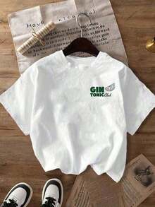 Women's Vintage T-Shirt With Green "GIN TONIC Club" Lettering, Symbolizing A Cocktail Club With A Simple Linear Design Of Ice Cubes And Lime Slices In - White - View 2