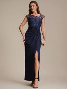 EVERPRETTY Luxurious Navy Blue Floral Sequin Sleeveless Asymmetrical Neckline Long Sparkling Formal Evening Gown, Suitable For Parties, Proms, Banquets, Cocktail Parties And Semi-Formal Occasions - Navy Blue - View 2