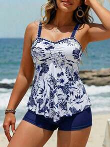 Swim Lushoire 2 piezas Conjunto de tankini de mujer con estampado y color contrastante (parte superior e inferior), busto fruncido - Azul marino - Ver 7