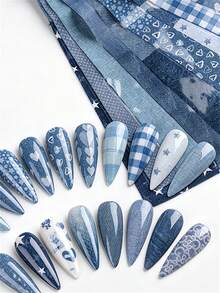 10Tờ/Bộ Miếng Dán Chuyển Mẫu Móng Y2K Punk Họa Tiết Denim Xanh, Hình Trái Tim Ngôi Sao Kẻ Caro, Giấy Chuyển Mẫu Móng Kết Cấu Quần Jeans Xanh DIY, Miếng Dán Bọc Móng Denim Xanh - Nhiều màu - Xem 9
