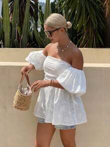 Blusa de encaje con un hombro descubierto y cintura, para verano - Blanco 2 - Ver 5