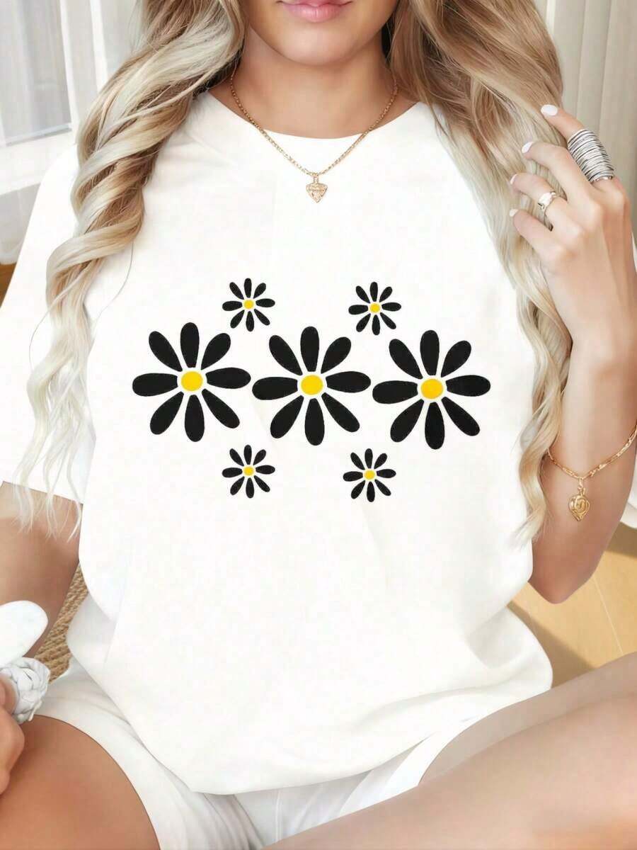 Cool Casual T-Shirt For Women - Round Neck And Short Sleeve T-Shirt With Fun Daisy Flower Print - Loose Fit - Casual Short Sleeve Summer Graphic Tee - Fashionable And Comfortable - Suitable For Valentine's Day, Christmas Day, Group Sports, Holiday Activities, Festivals And Sporting Events, And Other Holiday Gifts. Fashion - 白色 - 查看 1