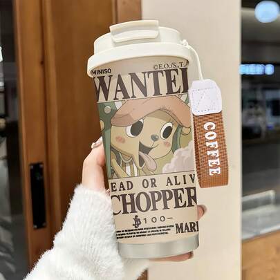 Miniso One Piece Tony Tony Chopper Wanted Poster Insulated Coffee Cup With Wrist Strap,Stainless Steel, Coffee Cup With Lid,Dual-Drink Design, And Durable